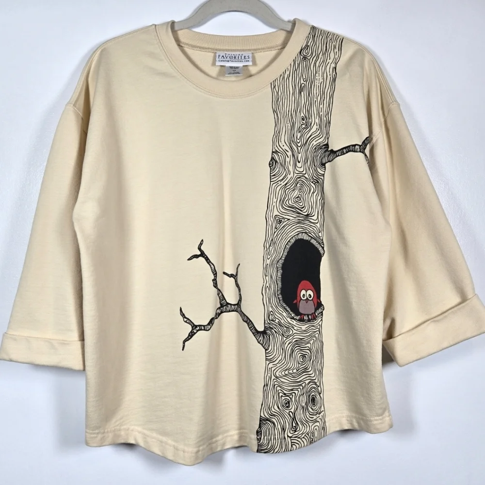 Catalog Favorites Owl Birch Cream 3/4 Sleeve Crew Neck Sweatshirt Top Size Large - Picture 1 of 12